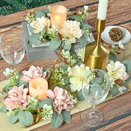Decorative Flowers Green Leaves Flower Garland Elegant Artificial Dahlia Wreath Candle Ring With For Home Wedding Party