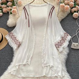 Vintage Ethnic Embroidery Summer Blouses Casual Cardigan Vestidos Boho Beach Cover-Ups For Women Tops Robe Cotton Rayon