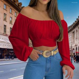 Women's T Shirts Women Crop Top Off Shoulder Elastic Bust Pleated Solid Colour Long Sleeve Waist-exposed Backless Cross Lace-up Lady Spring