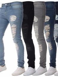 Men's Jeans American Street Hole Slim Fit Small Feet Personality Low Waist Beggar Pants Trendy