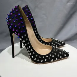 Dress Shoes Black Suede Gradual Rivet Woman Covered In Punk Pointed Toes High Heels Sexy Spikes Stilettos Lady Bomb Women's Club P