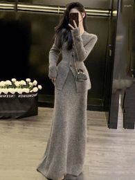 Work Dresses Winter Women's Knitted 2 Pieces Casual V Neck Women Coat Long Sleeve Sweater Suit Vintage Two Piece Set High Waist Skirt
