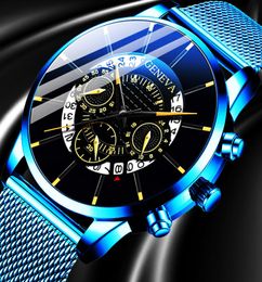 2020 Fashion Mens Business Casual Date Calendar Watches Luxury Blue Stainless Steel Mesh Belt Quartz Watch for Man Clock2515017