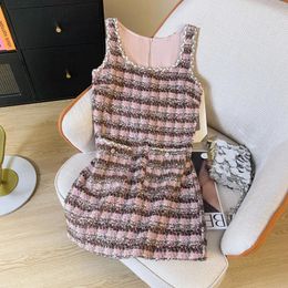 Casual Dresses Summer Small Fragrant Sweet Pink Plaid Tweed Short Dress Chic Fashion Women Square Collar Sleeveless Tank Weave Mini Clothes