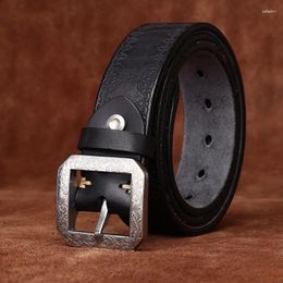 Belts 3.8CM Pure Cowhide Extra Thick High Quality Genuine Leather For Men Strap Male Stainless Steel Buckle Carving Retro Jeans