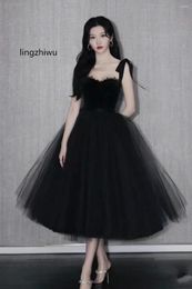 Work Dresses Lingzhiwu Black Skirt Set Luxury Formal French Designer Spaghetti Strap Top Suit Puff Skirts Twinset Arrive