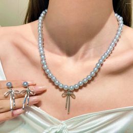 Necklace Earrings Set 2024 Fashion Vintage Chokers Graceful Bowknot Pendant For Women Grey Pearls Neck Jewellery Wedding Gift