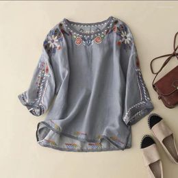 Women's T Shirts Chinese Style T-shirt Summer Embroidery Vintage Tees Short Loose Women Tops Cotton Linen O-neck Clothing YCMYUNYAN