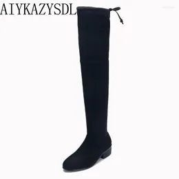Boots AIYKAZYSDL Autumn Winter Flock Stretch Over The Knee Thigh High Plush Fleece Snow Women Flat Square Low Heel Shoes