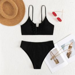 Women's Swimwear Black High Waist Bikini V-wire Ruched Split Swimsuit Ribbed Sexy Push Up Beach Thong Women Brazilian Bathing Suit Mujer