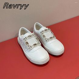 Casual Shoes Genuine Leather Square Buckle Crystal 2024 Classic Style Slip On Women Round Toe Platform Golf