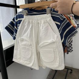 Trousers Children Clothing Thin American Style Handsome Cargo Shorts 2024 Boys Summer Large Pocket White Loose Cotton All Match