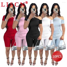 Women's Tracksuits 10 Bulk Items Wholesale Lots 2024 Two Piece Set Womens Outfits Short Sleeve Skew Collar Pleated Top Shorts K13583