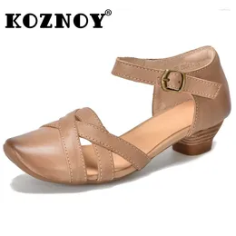 Dress Shoes Koznoy 4cm Women Sandals Chunky Heels Weave Cow Genuine Leather Hollow Moccasins Fashion Natural Platform Flats Buckle