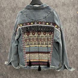 Women's Jackets Stylewomen's Denim Jacketwomen's 2024 Autumn Street Fashion Heavy Industry Beaded Panel Patch Embroidery Ethnic Style Ta