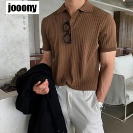 Solid Colour Short Sleeve TShirt Men Breathable Comfortable Mens Clothing Knitted Polo Shirt Casual Striped Retro Button 240430