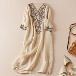 Party Dresses 2024 Summer Women Cotton Dress V Neck Embroidery Loose Length With Long Hanging Straps Ladies Solid Casual F138