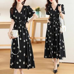 Party Dresses Leisure Retro Black V-Neck Florals All Match Slim Sexy Prom Femme Chic Gentle Printing Flowers Streetwear Long Vestidos