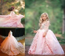 2019 New Pink Little Girls Pageant Dresses Jewel Neck Kids Long Sleeves Lace Flowers Ball Gown Flower Girls Dress For Wedding Birt4530705