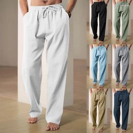 Men's Pants Trousers Cotton Linen Casual Loose Straight Lightweight Drawstring Beach Holiday Breathable Sweatpants