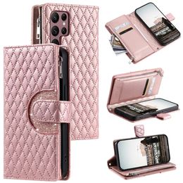 PU Leather Phone Cases for Samsung Galaxy S24 S23 S22 S21 S20 Note20 Ultra Note10 Plus Glitter Powder Zipper Wallet Card Bag Flip Stand Cover Case with Hand Strap