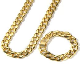 High Quality Yellow White Gold Plated Cuban Chain Necklace Bracelet Set for Men Cool Hip Hop Jewellery Gift5177147