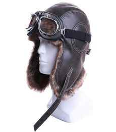 Winter Bomber Hats Plush Earflap Russian Ushanka with Goggles Men Women039s Trapper Aviator Pilot Hat Faux Leather Fur Snow Cap2238200