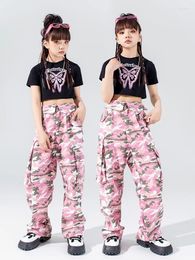Stage Wear Girls Jazz Dance Clothes Hip Hop Costume Summer Black Crop Tops Fashion Pink Camouflage Pants Kpop Performance Clothing BL12957