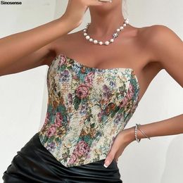 Women's Tanks Womens Floral Printed Bustier Corset Top Lace Up Back Sleeveless Strapless Bandeau Tube Crop Y2K Night Club Party Tops