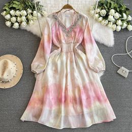 Casual Dresses French Chic Halo Dyeing For Women V-neck Halter Dress Female Puff Long Sleeve Vestidos 2024 Summer Drop