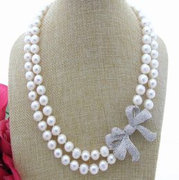 Hand knotted 4750cm 89mm white freshwater pearl necklace micro inlay zircon bowknot accessories9333480