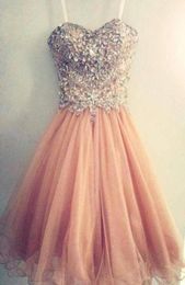 Coral Peach Short Prom Dress Sweetheart Tulle Rhinestones Crystal Beaded Women Wear Special Occasion Dress Evening Party Dress6959933