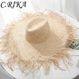 Natural Raffia Hat Women Summer Hand Woven Straw Hat Gilrs Holiday Sun Hat Wide Brim Sun Hat Floppy Panama Travel Beach Hat 240425