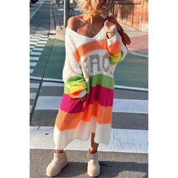 Elegant Knitted Dress For Women 2024 Long Sleeve V Neck Loose Dresses Fashion Cover Up Autumn Lady Streetwear Chic Sweater 240425