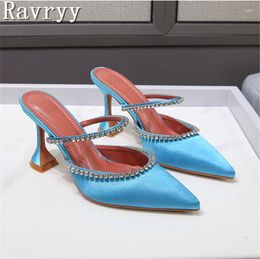 Slippers Rhinestones Satin Women Pumps Elegant Pointed Toe Wine Cup High Heels Lady Mules Slides Summer Fashion Party Prom Shoes