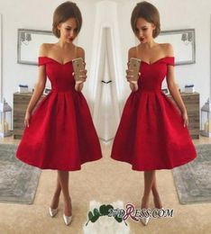 Simple Style Cheap Red Cocktail Dresses Off Shoulder Ruched Satin Knee Length A Line Prom Party Gowns3756646