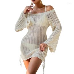 Women Hollow Out Beach Dress Summer Solid Color Long Sleeves Cover Up Sexy Off Shoulder Swimsuit For Beachwear
