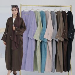 Ethnic Clothing Moon Embroidery Linen Open Abaya Kimono EID Ramadan Islamic Abayas For Women Dubai Cardigan Muslim Hijab Dress Kaftan