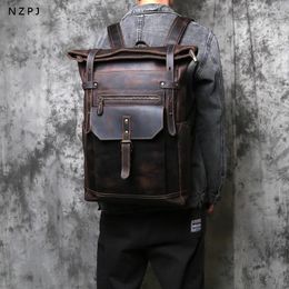 Backpack NZPJ Vintage Genuine Leather Men's Crazy Horse Computer Bag Natural Top Layer Cowhide Travel