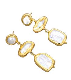 GuaiGuai Jewellery Yellow Gold Colour Plated Natural Freshwater Biwa Pearl Square Pearl Earrings Handmade For Women Real Gems Stone L9916861