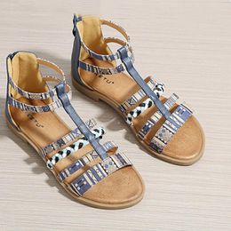 Sandals Ladies Summer Fashional Bohemia Ethnic Colourful Stitching Roman Style Open Toe Zipper Women Flat Fancy Beach Shoes