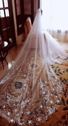 Selling White One Layer Long Cathedral Wedding Veils 3M Stars Lace Appliqued Soft Tulle Bridal Veil Accessories With Comb7312765