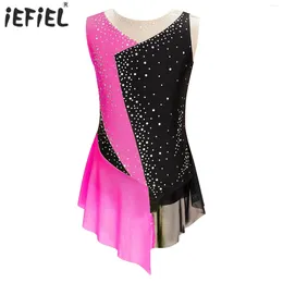 Stage Wear Kids Girls Ballet Gymnastics Leotard Dress Sparkly Rhinestone Sheer Mesh Bodysuit For Lyrical Dance Figure Skating Dancewear