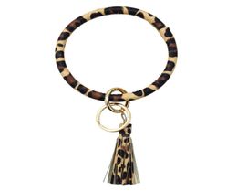 Leopard Print PU Leather Keychain Bracelet Bangle Keyring Circle Key Ring Leather Tassel Bracelet Holder Fashion Jewelry4213529