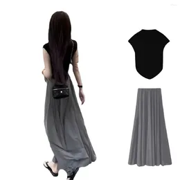 Work Dresses Long Skirt To Ankle Knee Length Women's Summer Casual T-shirt High Waisted Polyester Set