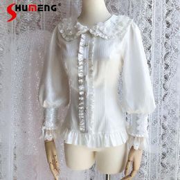 Women's Blouses 2024 Autumn Japanese Lolita Blouse Long Sleeve Doll Collar Slim Chiffon Lace Shirt Single-breasted Fit Camisas De Mujer