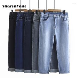 Women's Jeans S-4XL Large Size Blue For Women Baggy Woman High Waist Elastic Cotton Denim Pants Mom Cuffs Black