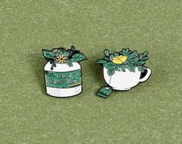 Happy Life Enamel Brooches Green Plants Leafes Tea Bag Custom Lapel Pins Coffee Cup Yellow Flowers Shirt Badge Jewellery Gift3958429