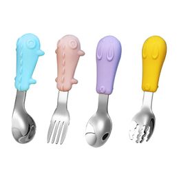 Utensils Baby Feeding Cups, Dishes Spoon fork silicone baby tableware baby learn to eat spoon stainless steel 304 fork children's hardware 316 set