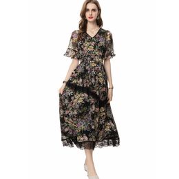 Women's Runway Dresses V Neck Short Sleeves Printed Floral Elastic Waist Elegant High Street Casual Vestidos